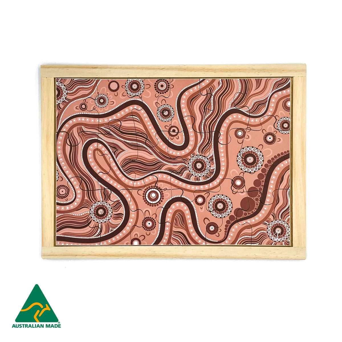 Aboriginal Art River Dreaming Puzzle — hand-painted wooden Dreamtime puzzle, EYLF-aligned, ages 3+