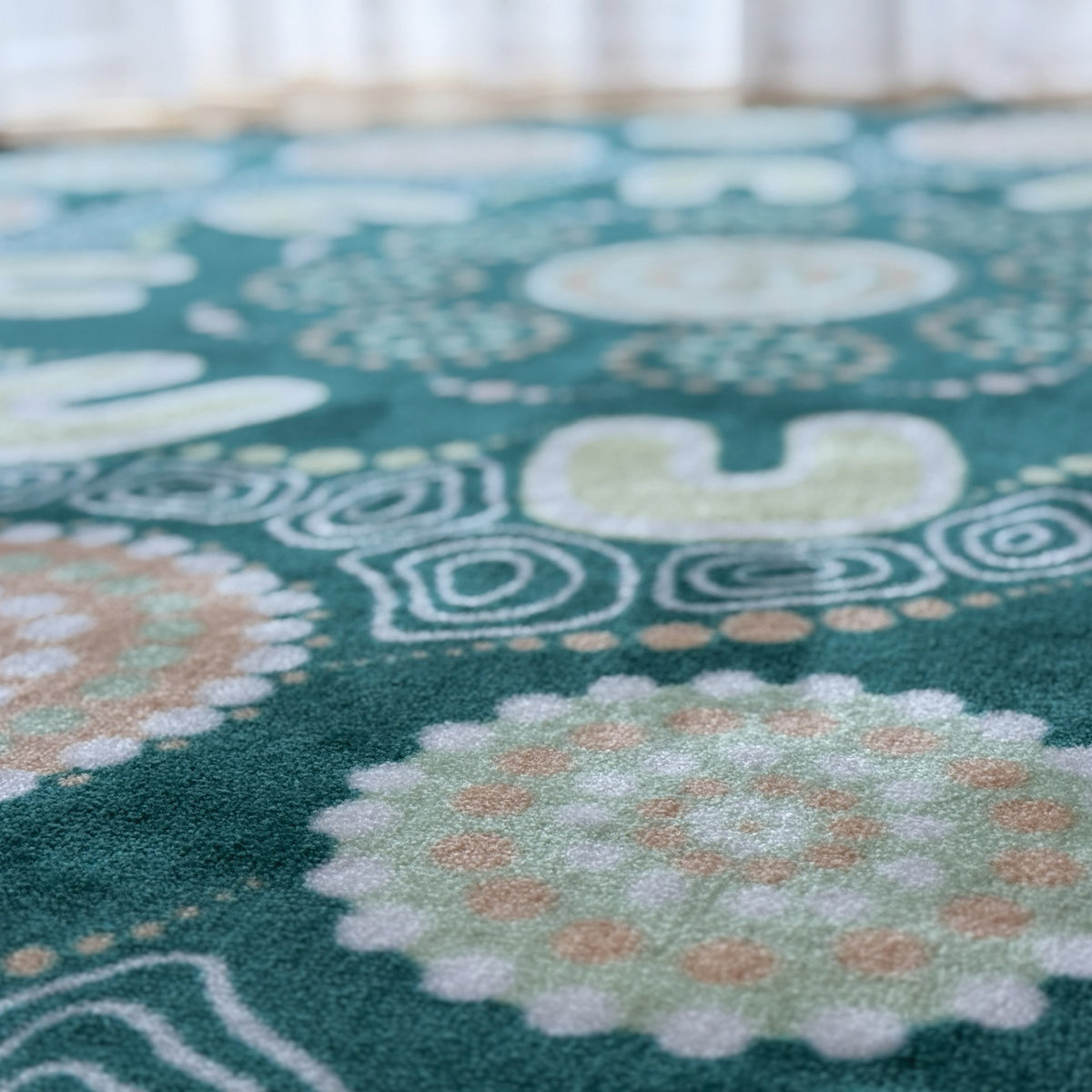 Sage Yarning Circle Classroom Rug — in classroom use