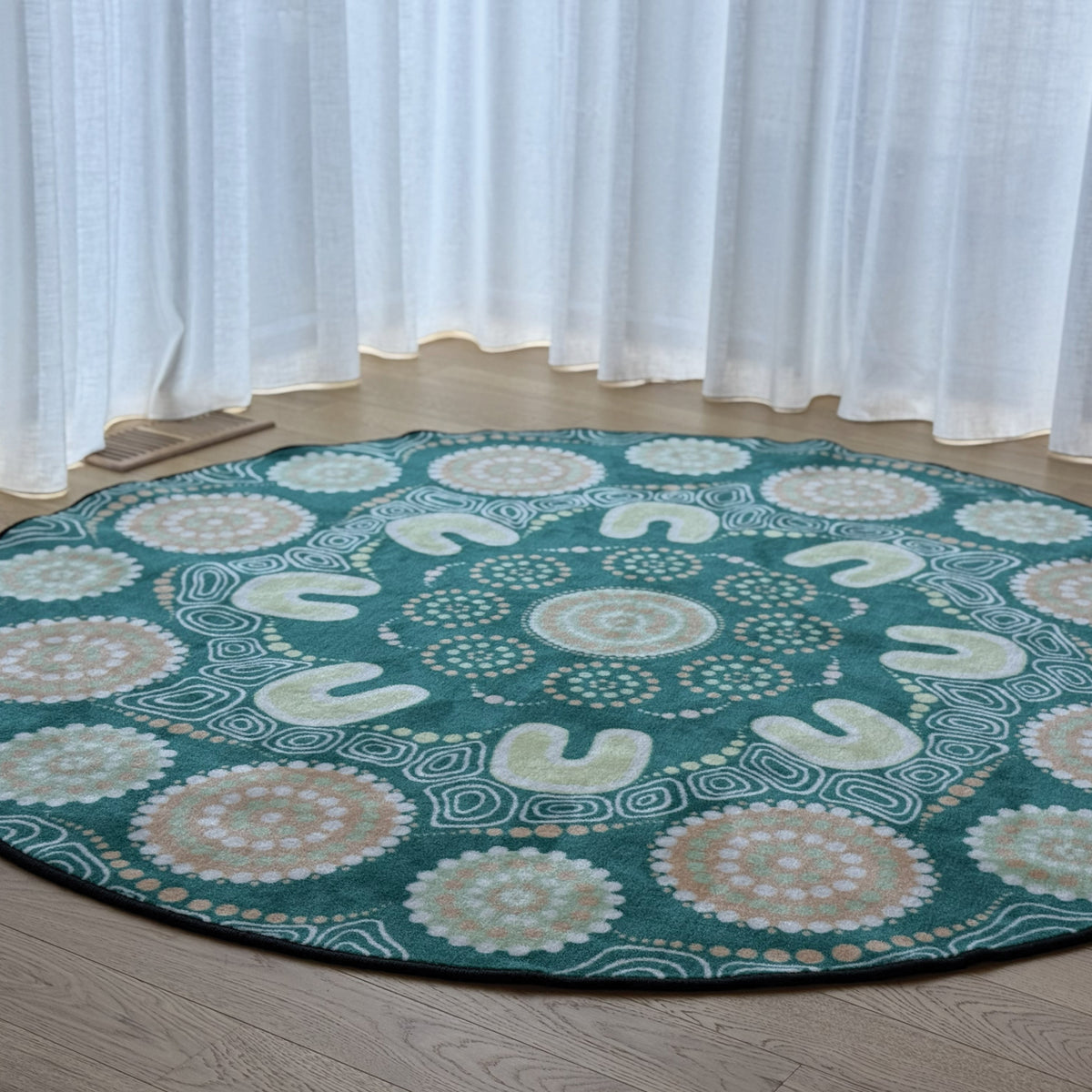 Sage Yarning Circle Classroom Rug — close-up of design