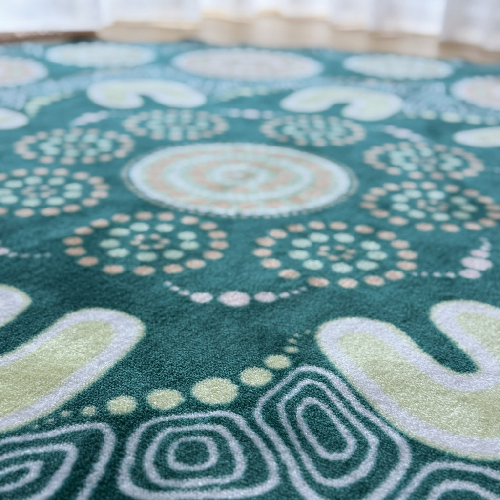 Sage Yarning Circle Classroom Rug — reverse view
