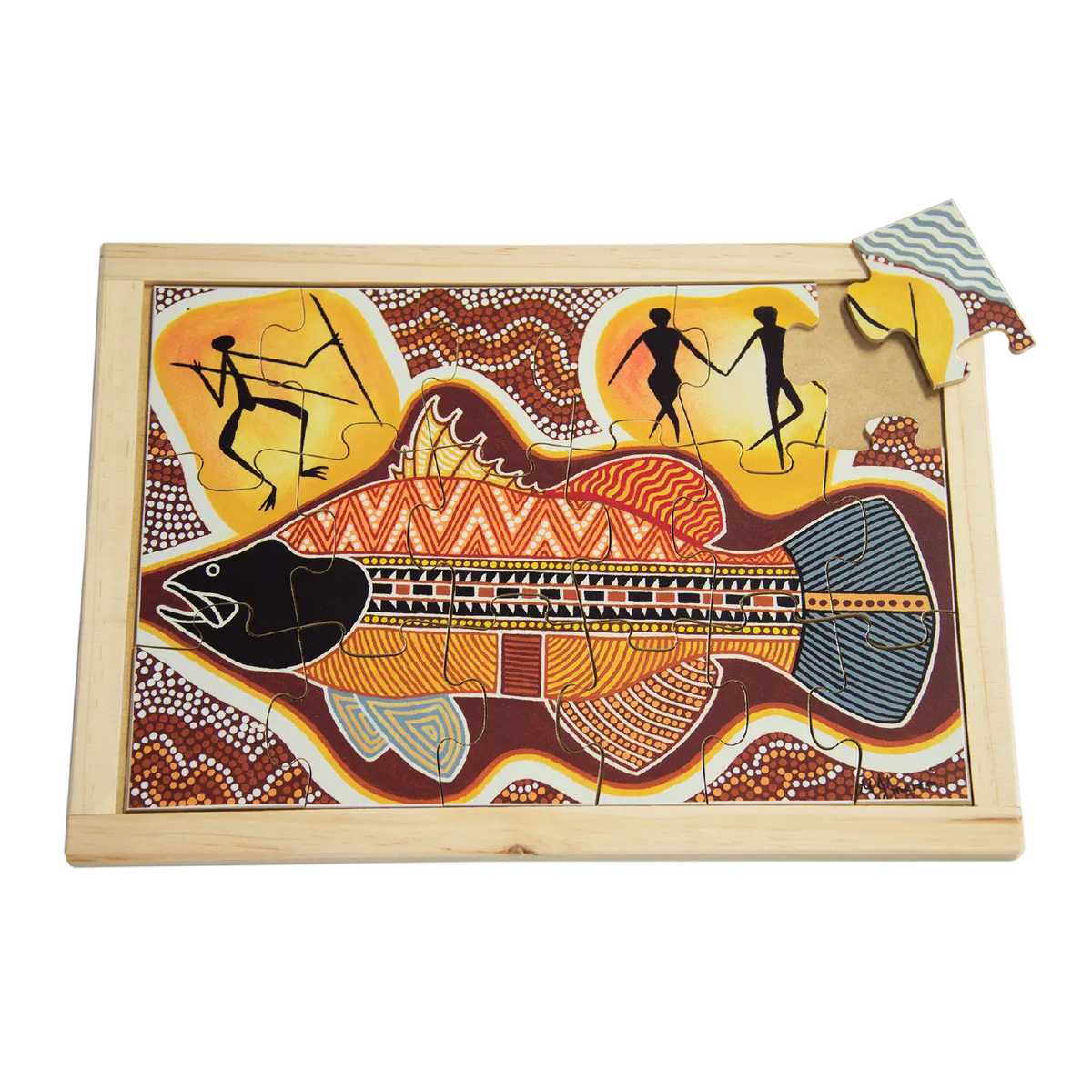 Aboriginal Art Barramundi Large Puzzle — hand-painted wooden Indigenous jigsaw puzzle — Australian-made, ages 3+