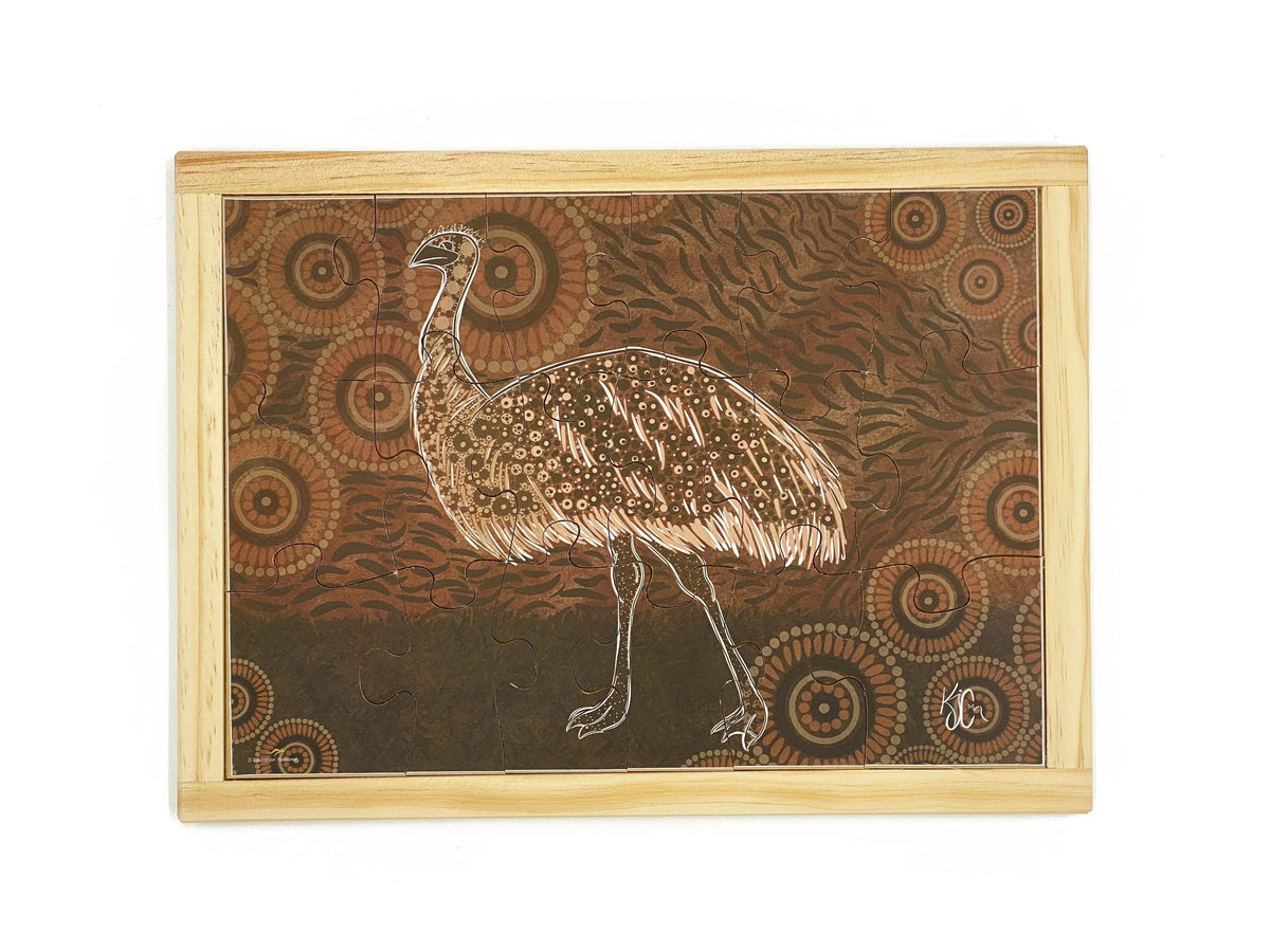 Aboriginal Art Emu Dreaming Puzzle — hand-painted wooden jigsaw puzzle — Australian-made early learning resource, ages 3+