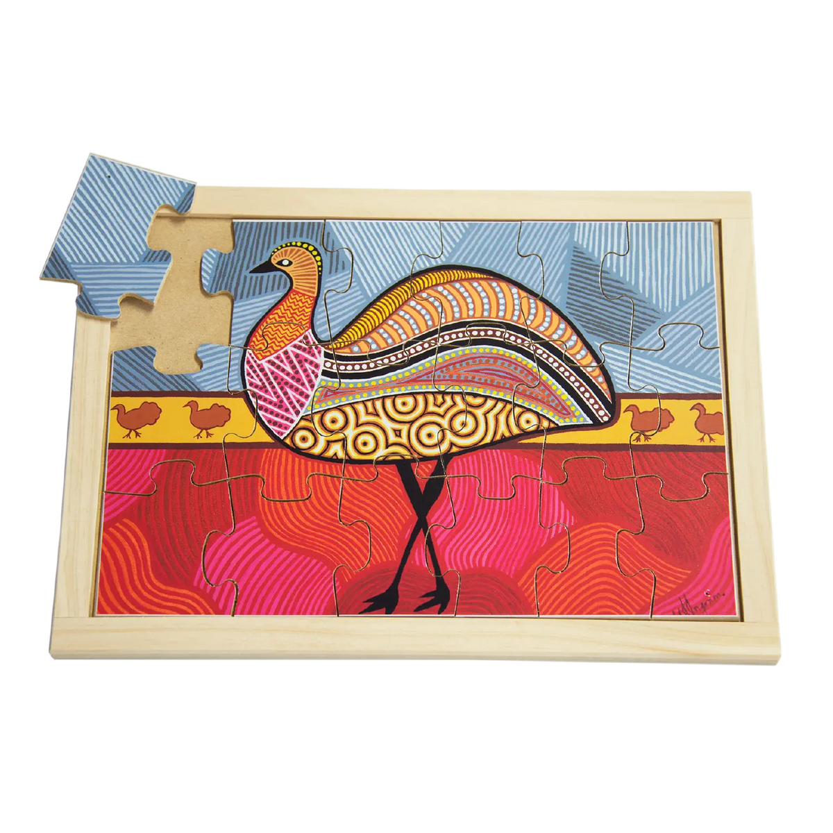 Aboriginal Art Emu Large Puzzle — hand-painted wooden Indigenous jigsaw puzzle — Australian-made, ages 3+