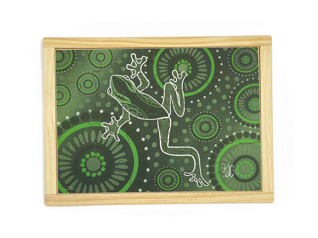 Aboriginal Art Frog Dreaming Puzzle — hand-painted wooden jigsaw puzzle — Australian-made early learning resource, ages 3+