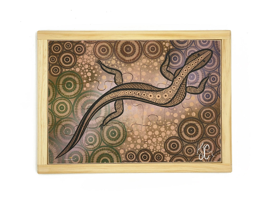 Aboriginal Art Goanna Dreaming Puzzle — hand-painted wooden jigsaw puzzle — Australian-made early learning resource, ages 3+