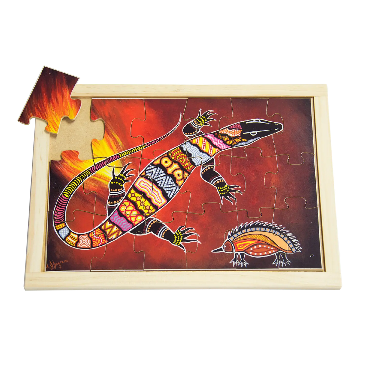 Aboriginal Art Goanna Large Puzzle — hand-painted wooden Indigenous jigsaw puzzle — Australian-made, ages 3+