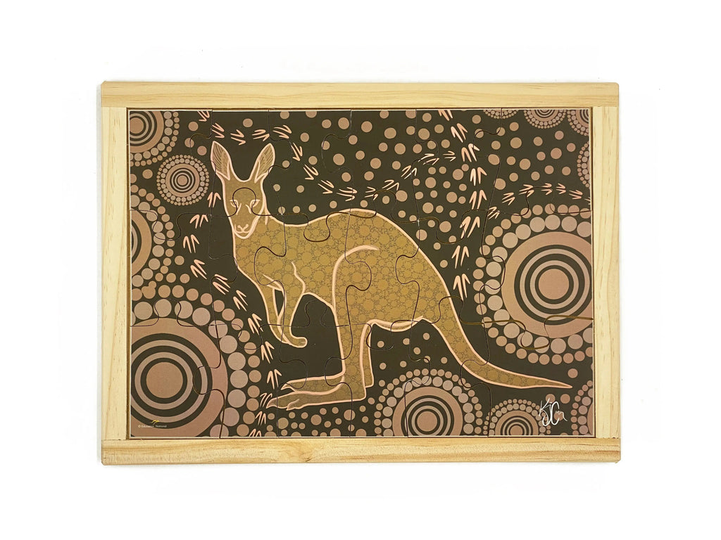 Aboriginal Art Kangaroo Dreaming Puzzle — hand-painted wooden jigsaw puzzle, Australian-made, ages 3+