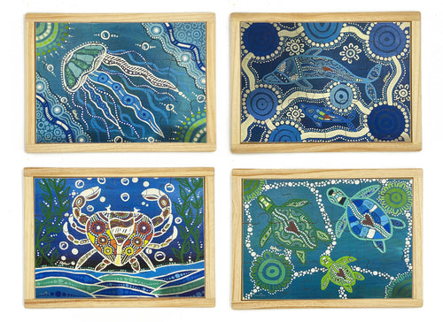 Aboriginal Art Sea Creatures Dreaming Puzzle Set of 4 — Australian-made wooden Indigenous sea creature puzzles set