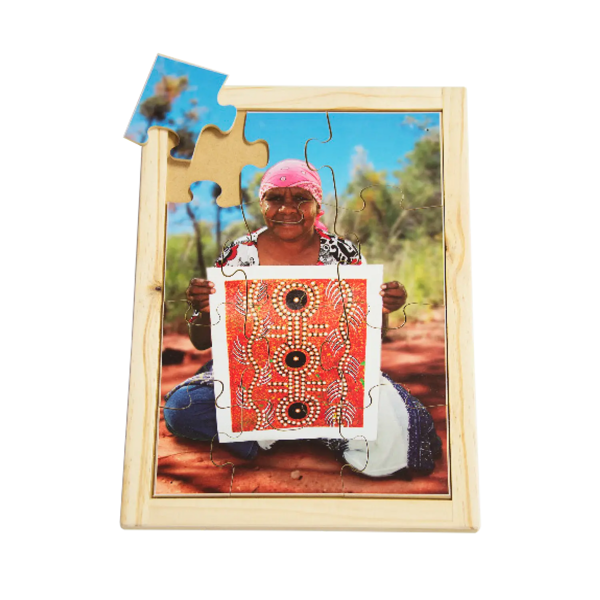 Aboriginal Artist Puzzle — hand-painted wooden Indigenous jigsaw puzzle — Australian-made early learning, ages 3+