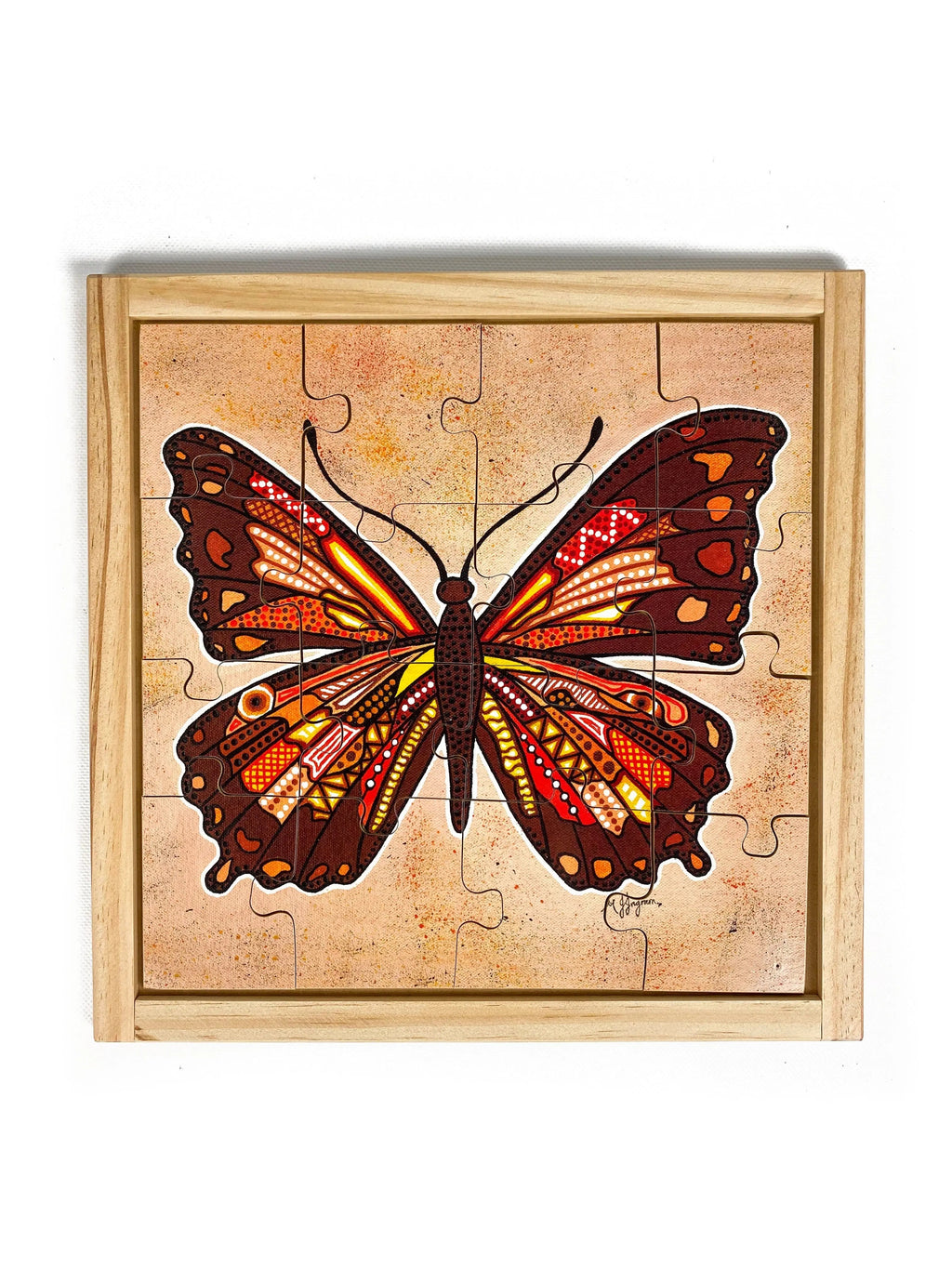 Aboriginal Butterfly Square Puzzle — hand-painted wooden jigsaw puzzle — Australian-made early learning resource, ages 3+