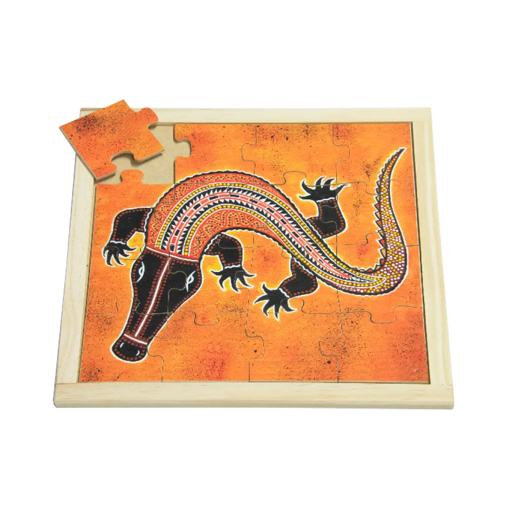Aboriginal Crocodile Square Puzzle — hand-painted wooden Indigenous jigsaw puzzle — Australian-made, ages 3+