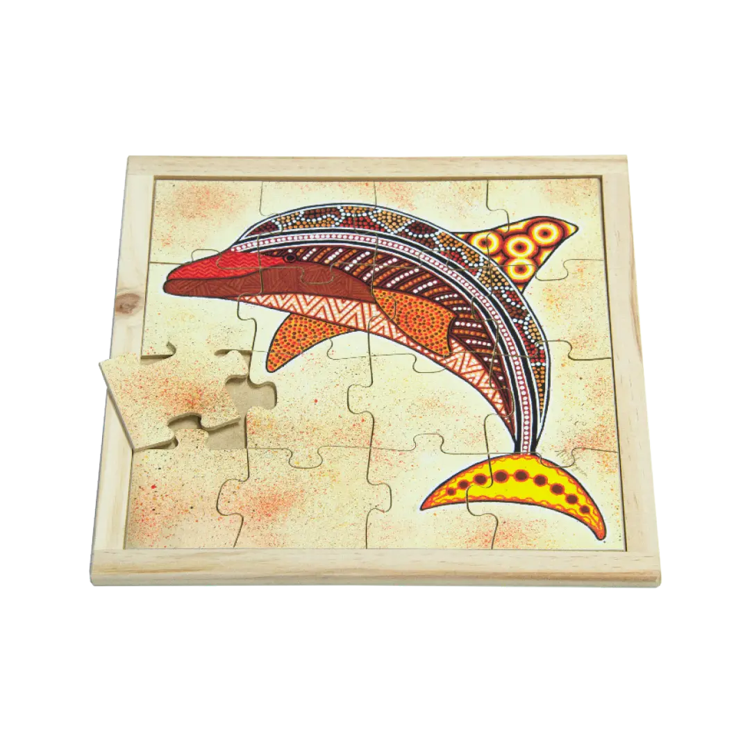Aboriginal Dolphin Square Puzzle — hand-painted wooden Indigenous jigsaw puzzle — Australian-made, ages 3+