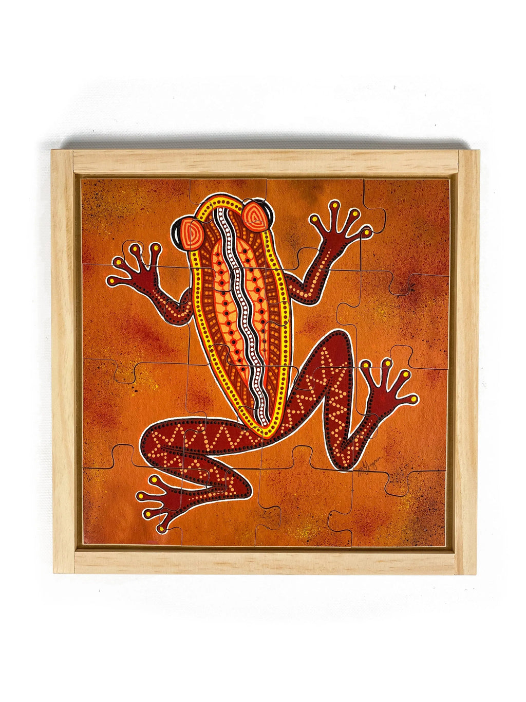 Aboriginal Frog Square Puzzle — hand-painted wooden jigsaw puzzle — Australian-made early learning resource, ages 3+