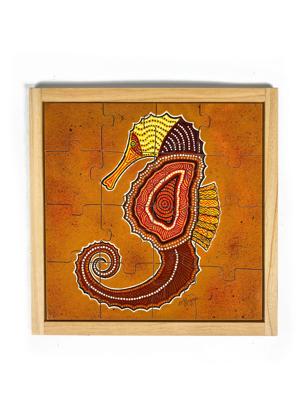 Aboriginal Sea Horse Square Puzzle — hand-painted wooden jigsaw puzzle — Australian-made early learning resource, ages 3+