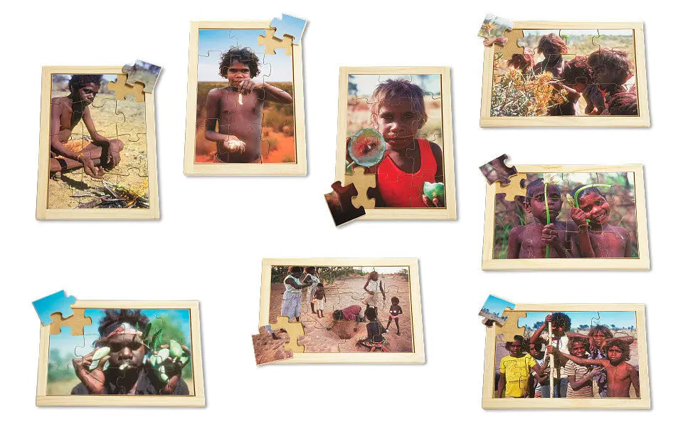 Bush Tucker Puzzle Set with FREE Posters 8 Puzzles — Australian-made Indigenous bush tucker wooden puzzle set