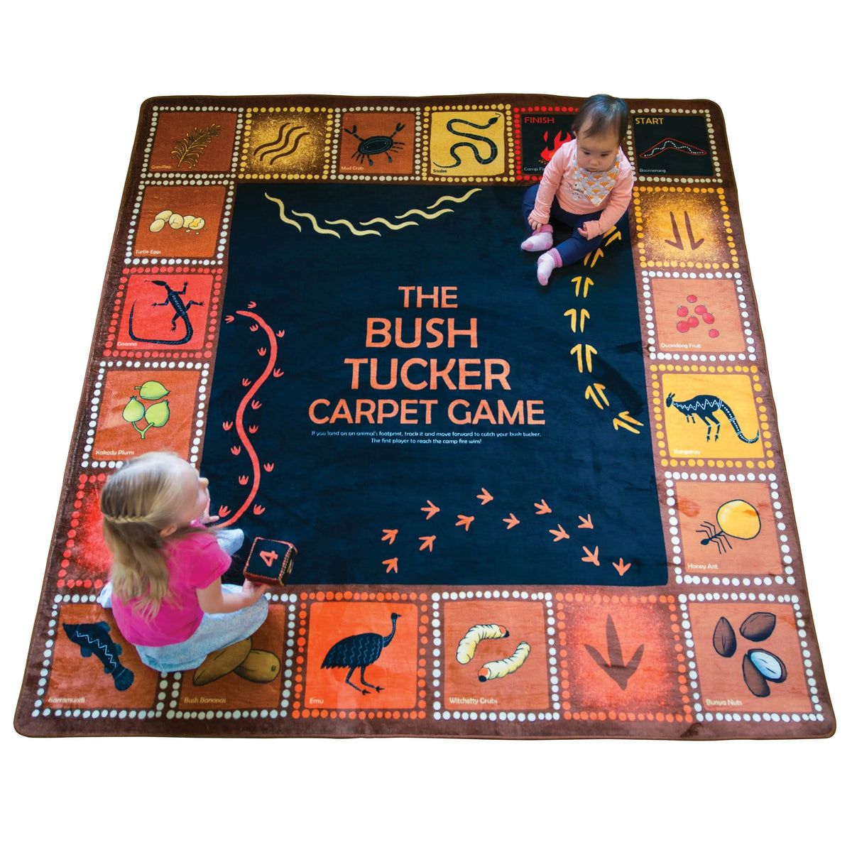 Bush Tucker Indigenous classroom rug — children playing on rug with soft dice game in early childhood setting
