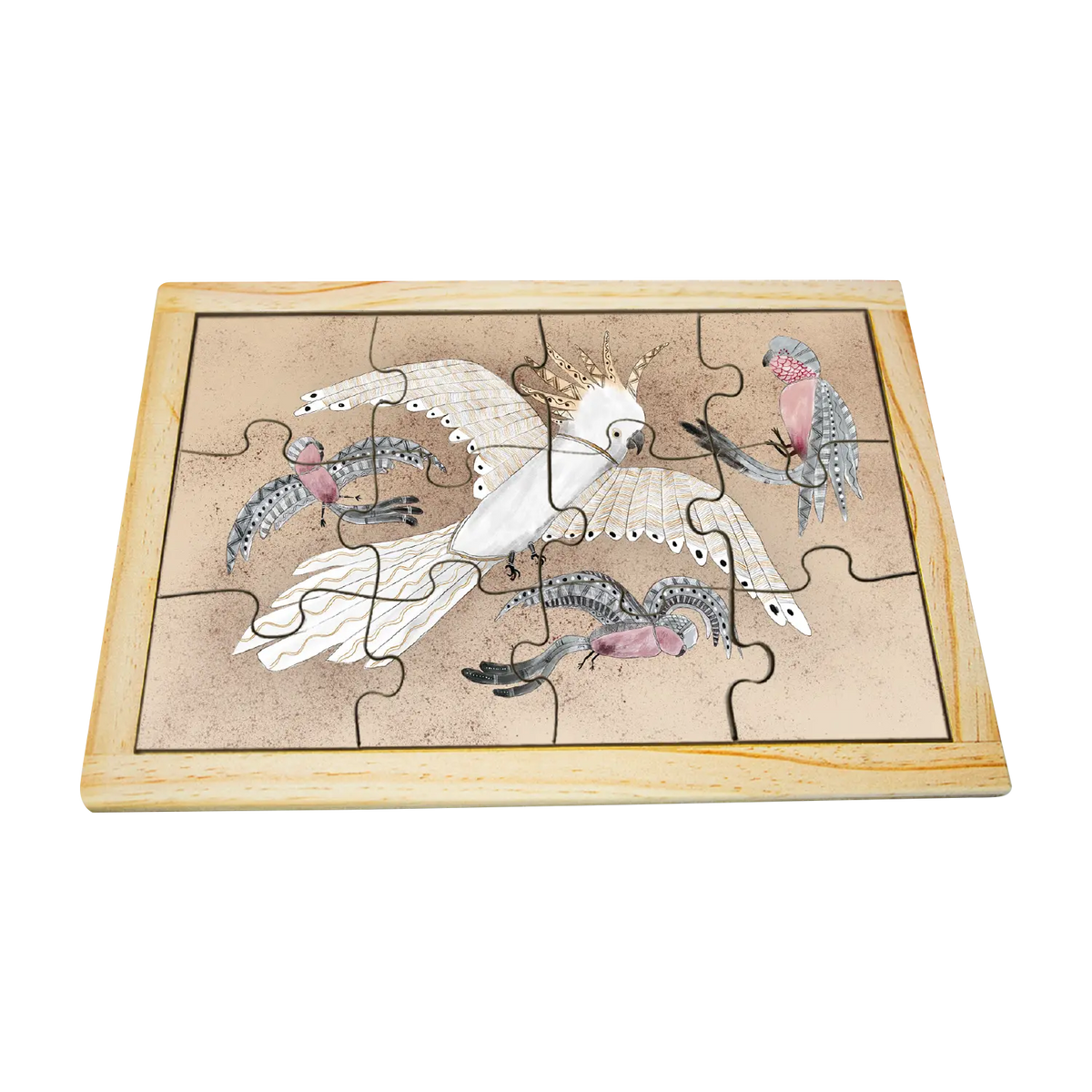 Cockatoo and Galahs hand-painted wooden jigsaw puzzle — Australian made early childhood resource, supports EYLF fine motor skills and Indigenous cultural awareness. Ages 3+