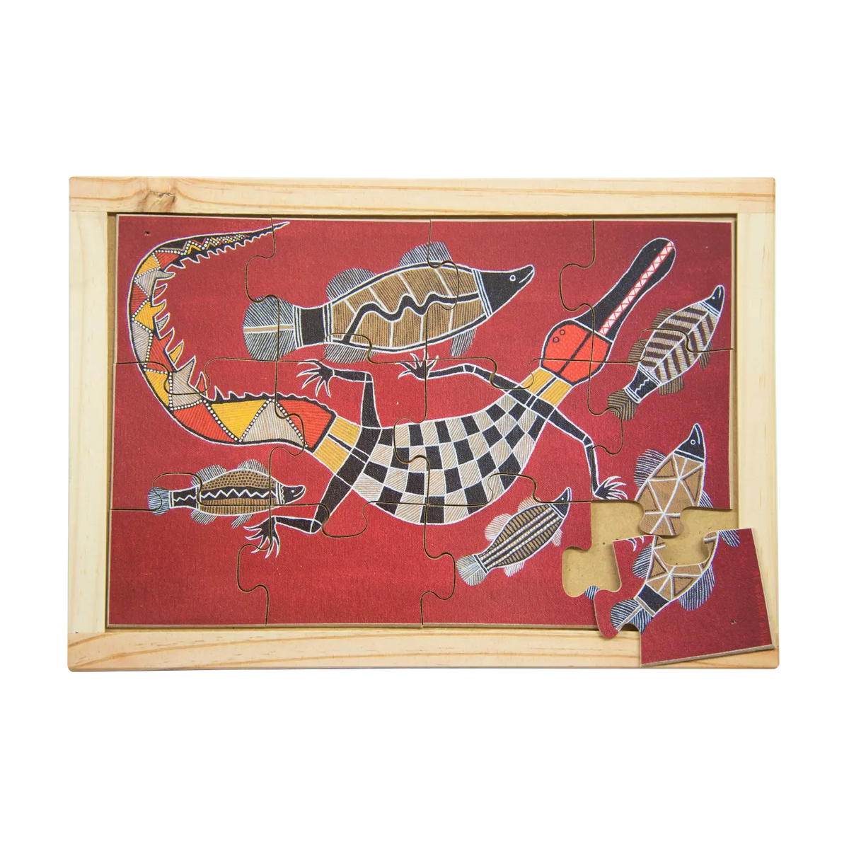 Crocodile in the Billabong hand-painted wooden jigsaw puzzle — Australian made early childhood classroom resource, supports EYLF fine motor skills and problem solving. Ages 3+