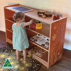 Emu in the Sky Shelf Unit — Australian-made Aboriginal emu-shaped 120cm wooden shelf unit for classrooms