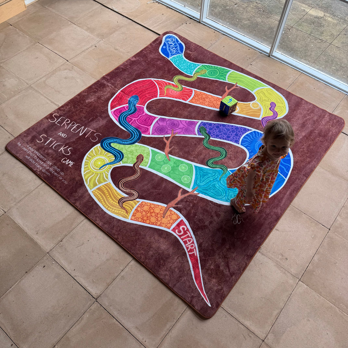 Serpents and Sticks Rug Game with soft Dice — pattern detail