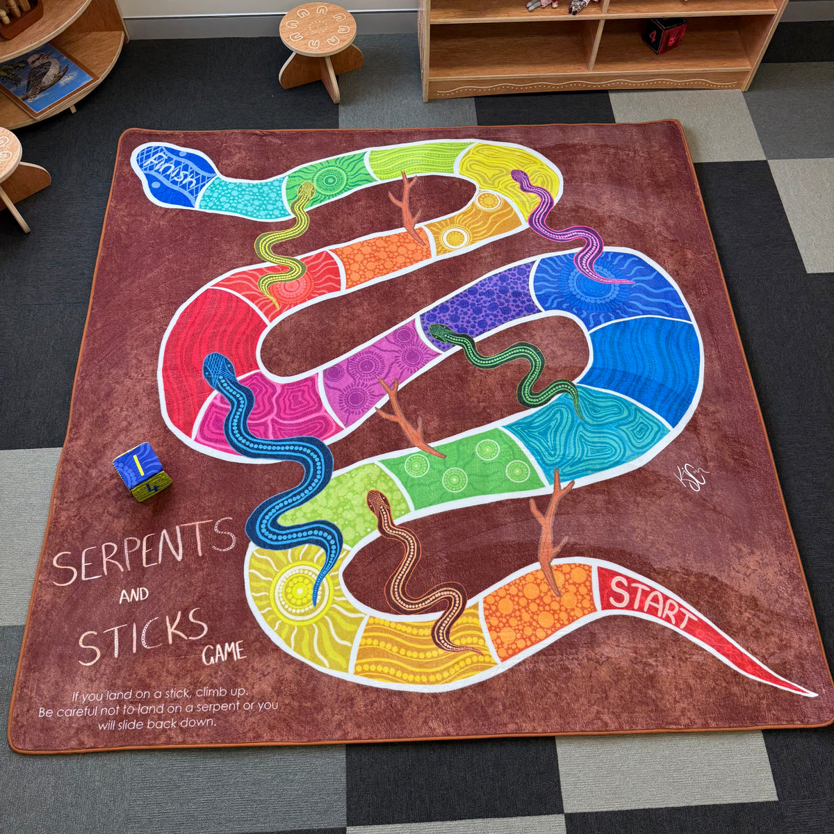 Serpents and Sticks Rug Game with soft Dice — lifestyle photo