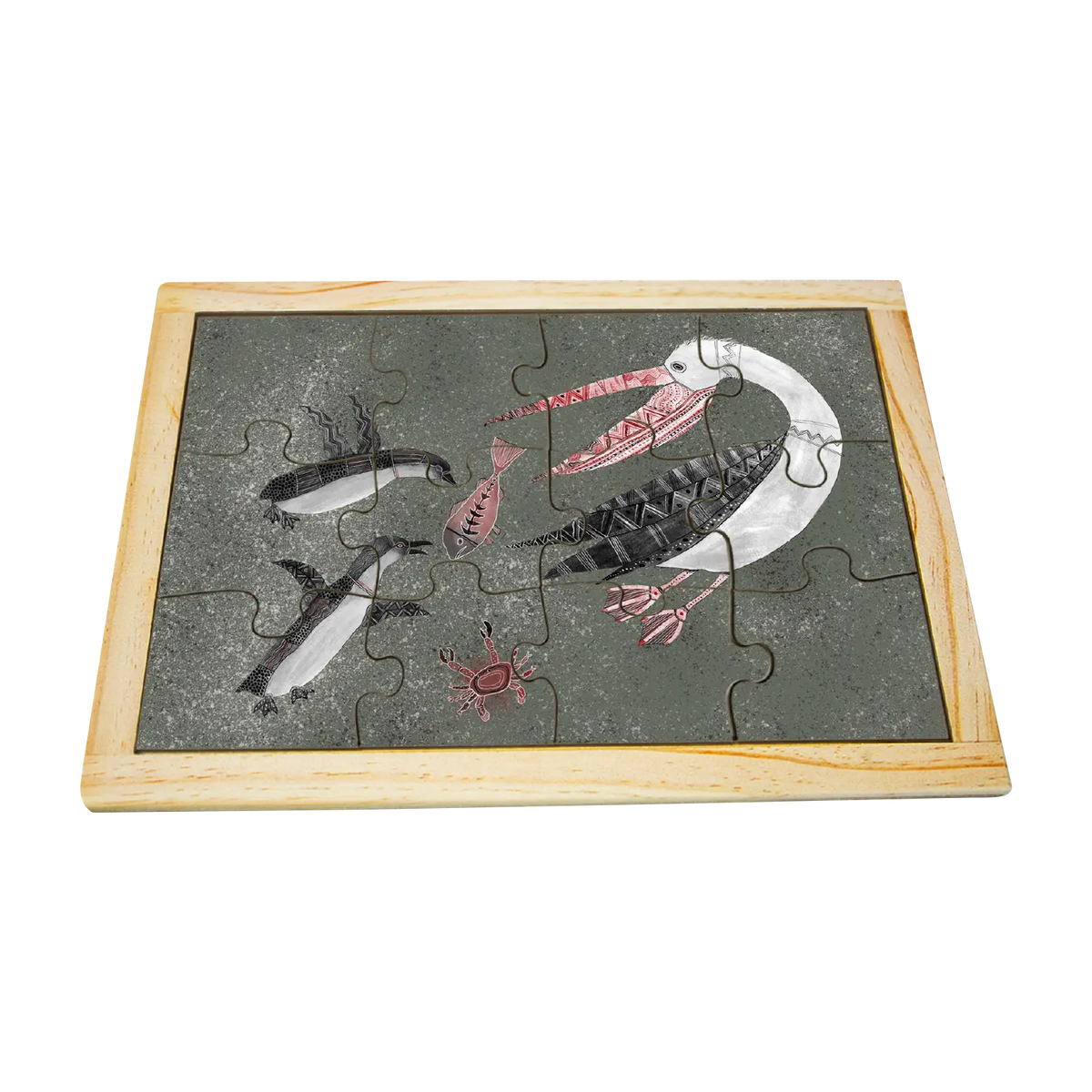 Pelican and Penguins hand-painted wooden jigsaw puzzle — Australian made early childhood classroom resource, supports EYLF fine motor skills and emotional regulation. Ages 3+