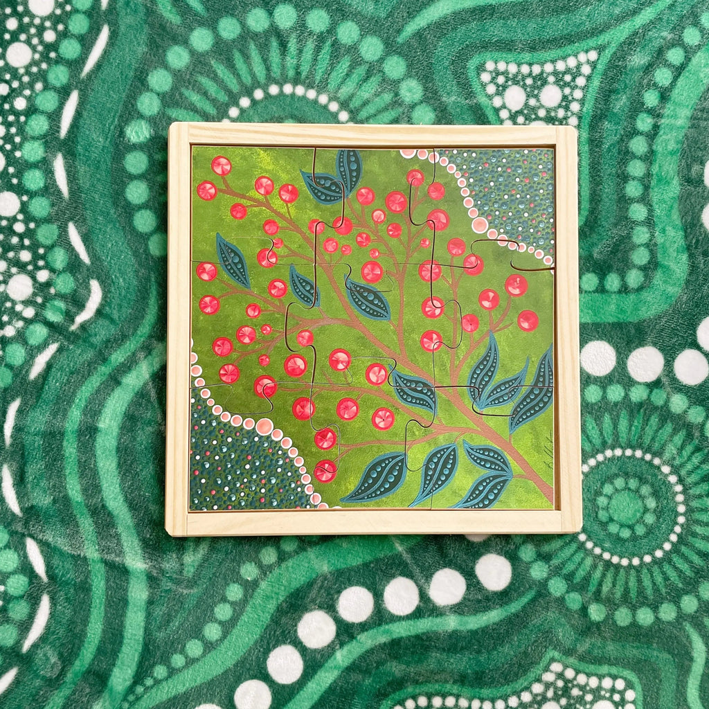 Aboriginal Art Bush Berries Puzzle — hand-painted wooden Indigenous bush tucker puzzle, EYLF-aligned, ages 3+