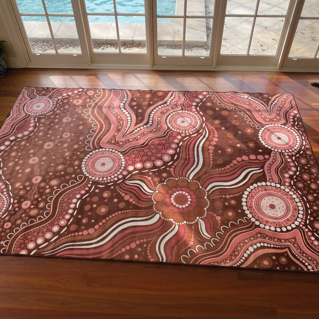 Aboriginal Art Bush Dreaming rug full design view — stunning Aboriginal art classroom rug featuring bush Country Dreamtime design by Kiz Costelloe