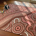 Aboriginal Art Desert Dreaming rug full design view — stunning red desert Dreamtime design Aboriginal art classroom rug by Kiz Costelloe
