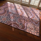 Aboriginal Art Sand Dreaming rug close-up detail showing Aboriginal dot art sand drawing design by Kiz Costelloe