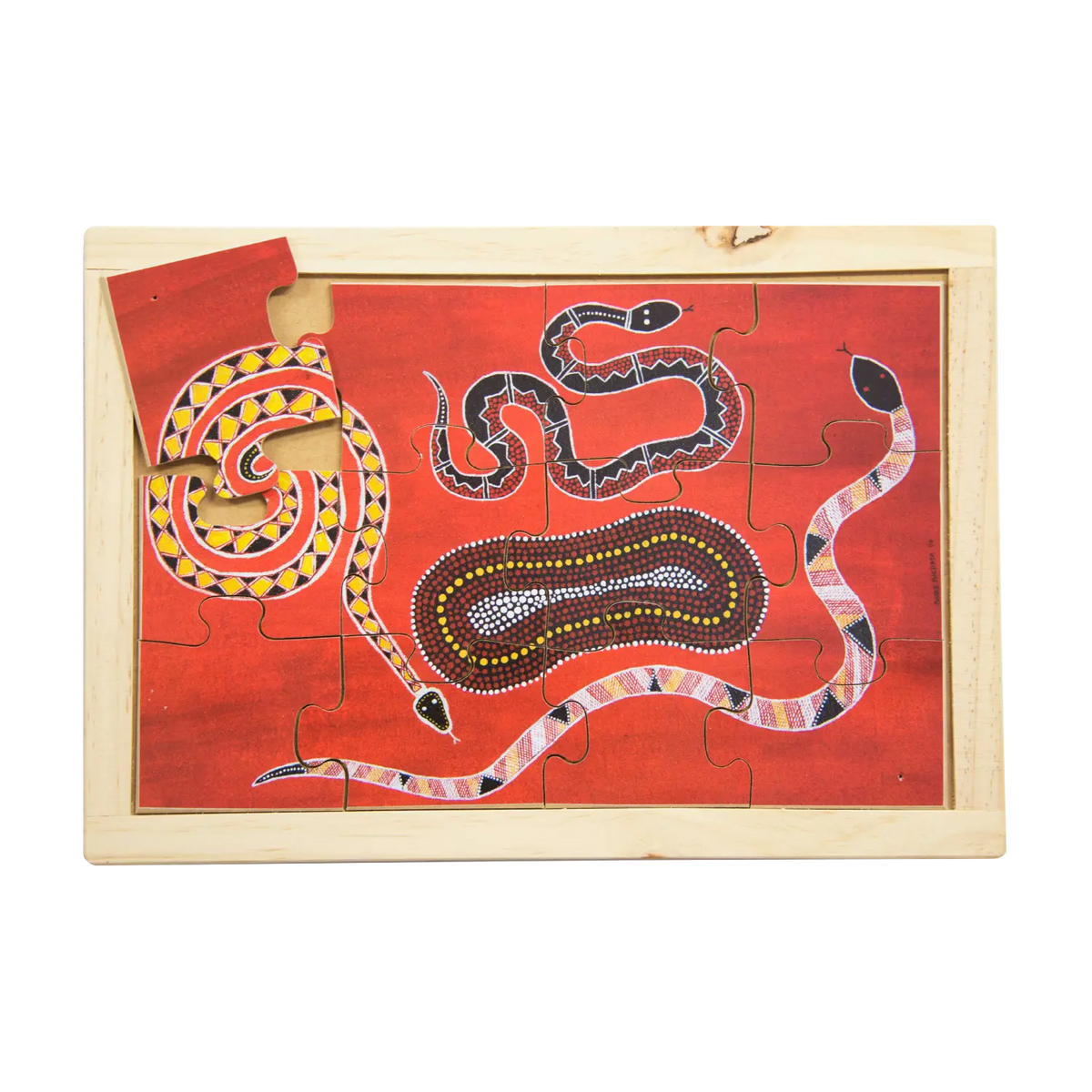 Snakes around the Billabong hand-painted wooden jigsaw puzzle — Australian made early childhood classroom resource, supports EYLF fine motor skills and focused attention. Ages 3+