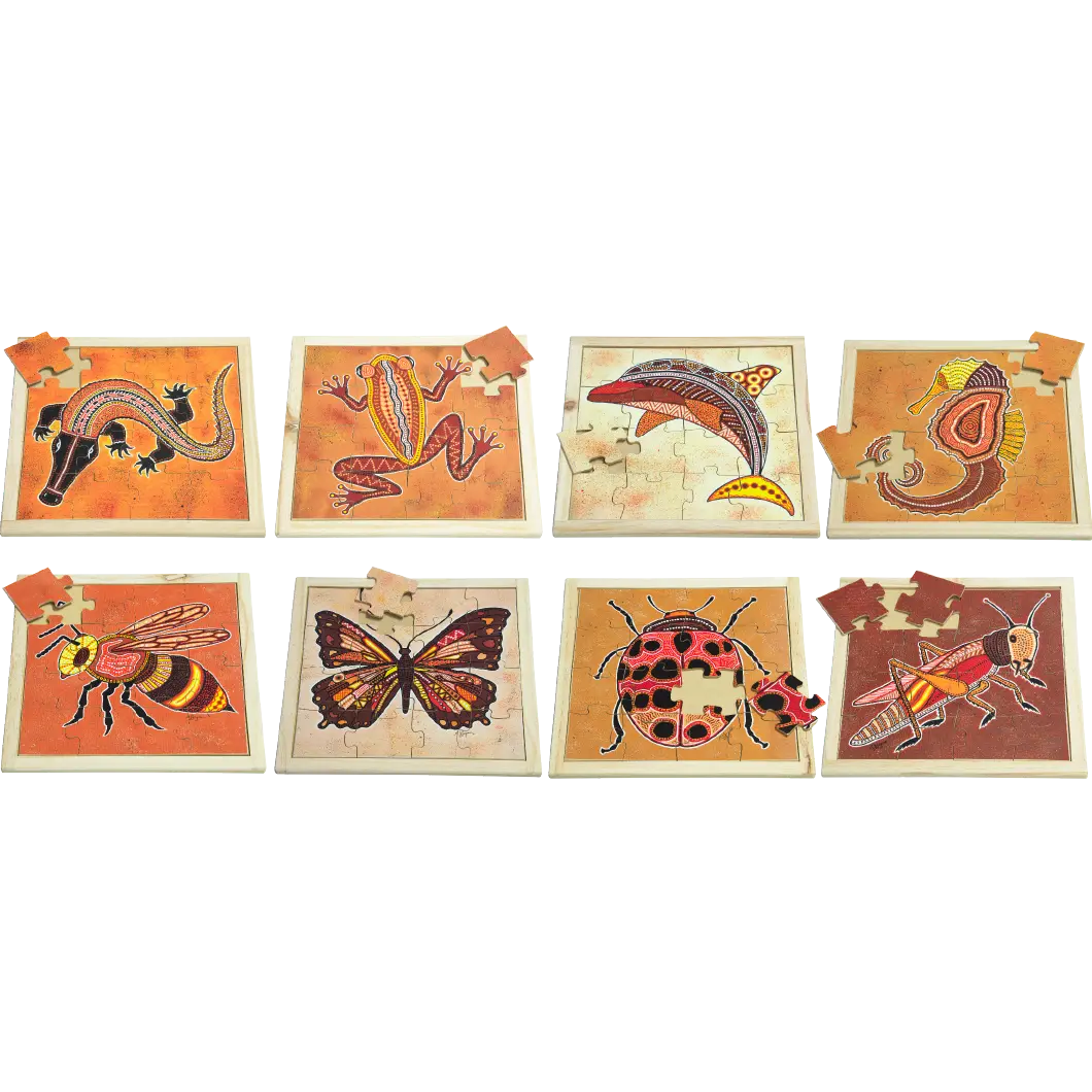 Square Creatures Puzzle Set with FREE Posters 8 Puzzles — Australian-made wooden Aboriginal puzzle set