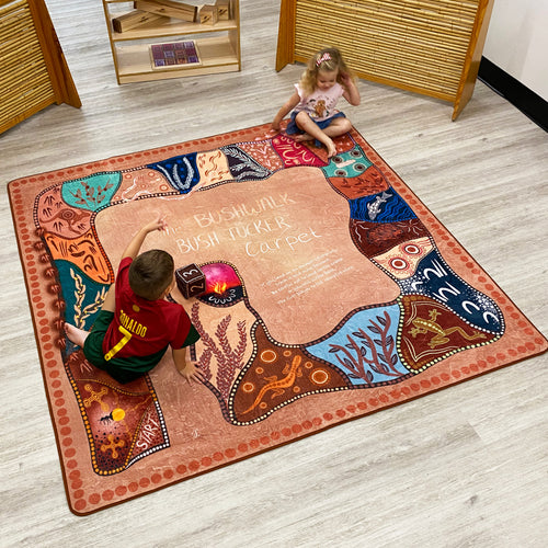 The Bushwalk Bushtucker Rug 2m x 2m square — authentic Aboriginal & Torres Strait Islander classroom resource