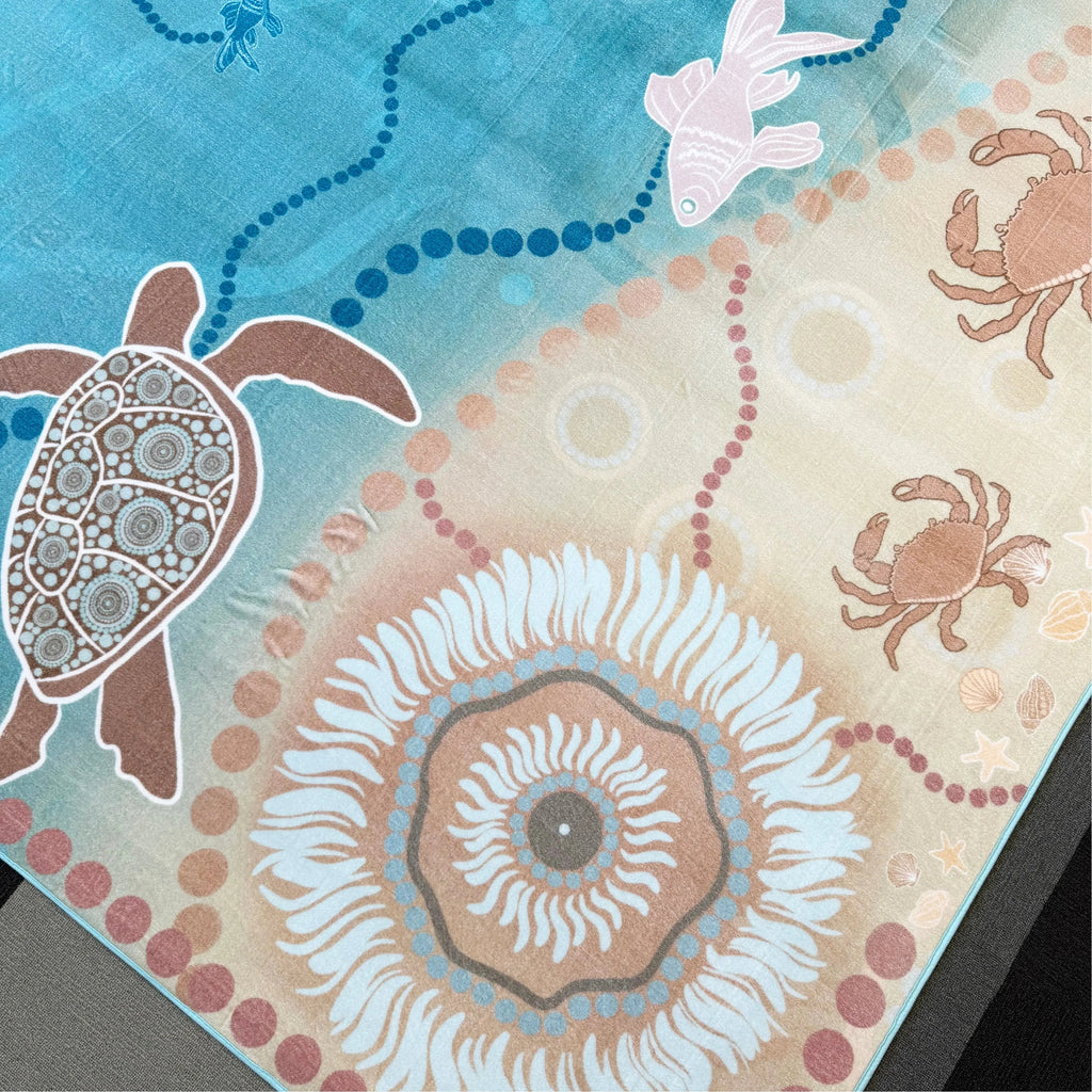 Under the Sea Dreaming rug close-up detail showing Aboriginal art sea creatures and marine life design
