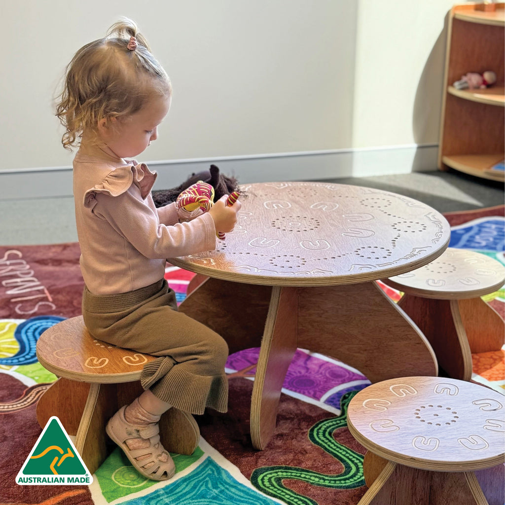 Yarning Circle Table and Stools — side view
